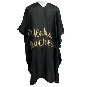 Funky Junque Womens O/S Aloha Beaches Swimsuit Cover Shawl Black Gold Sheer